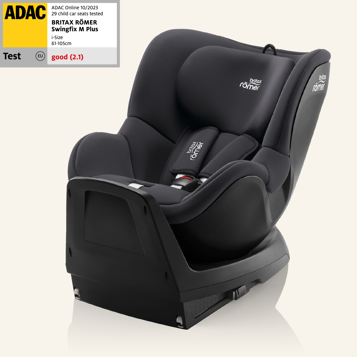 Black SWINGFIX M PLUS car seat with an ADAC test rating of Good (2.1).
